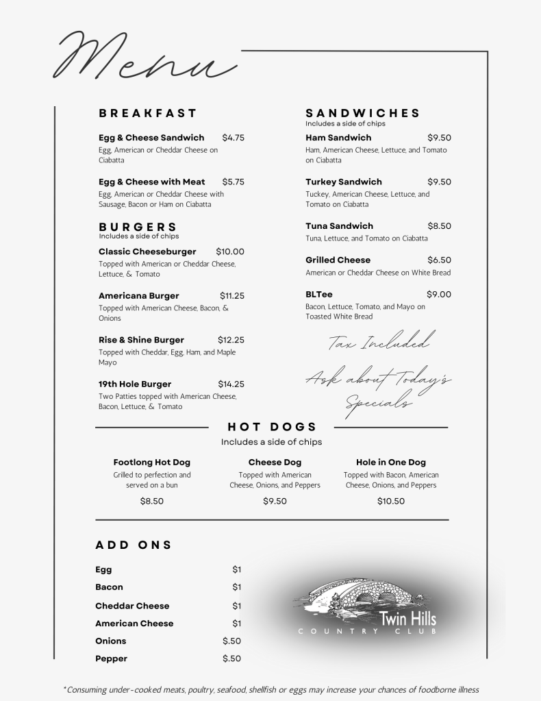 Twin Hills Menu