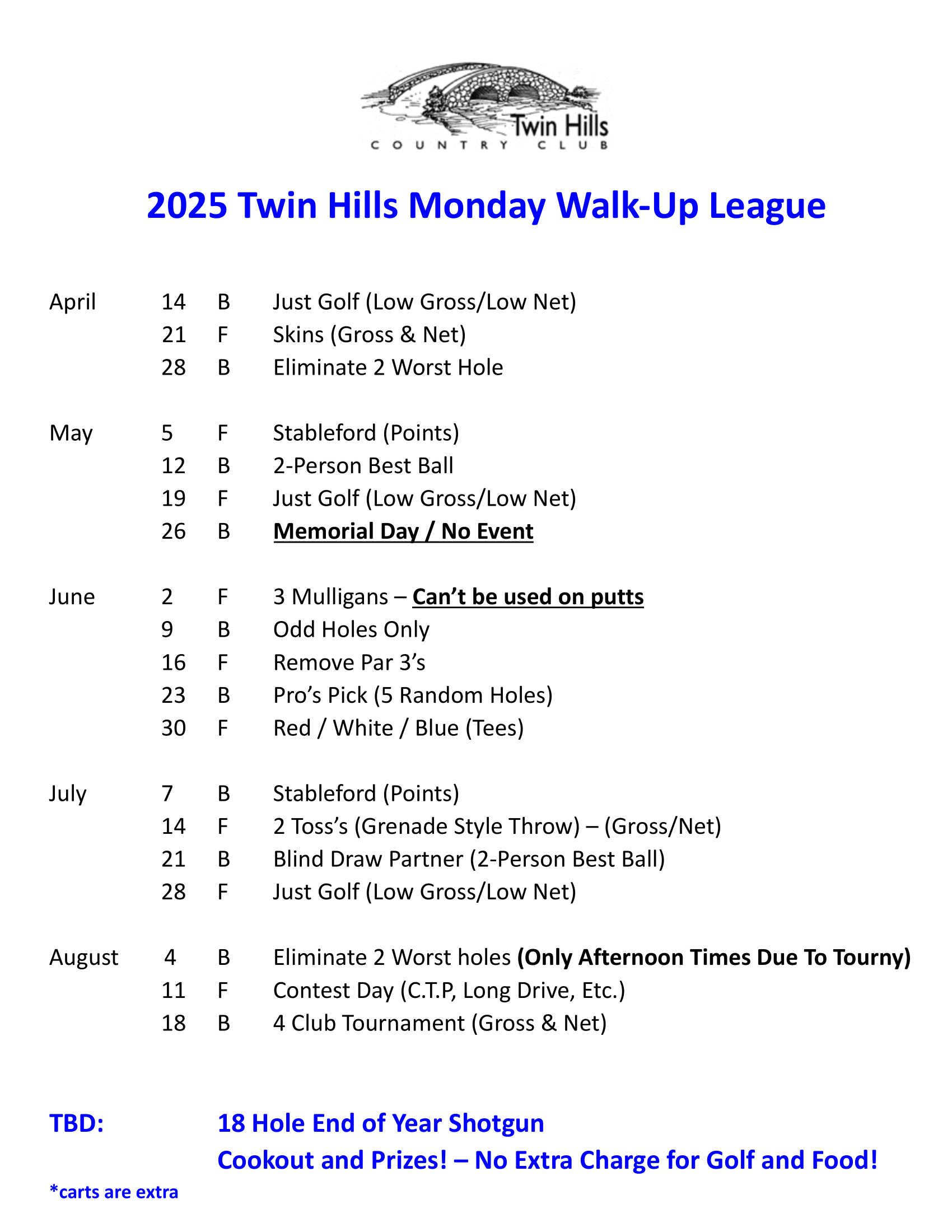 2025 Monday Walk up League Schedule