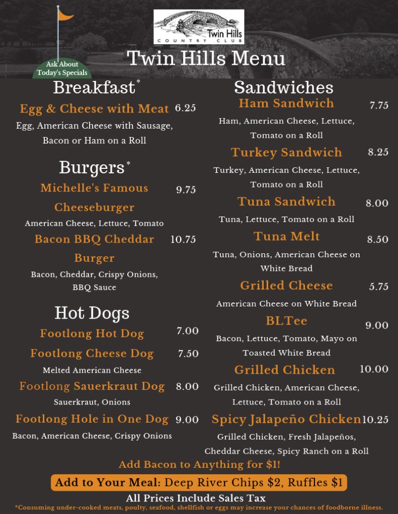 Twin Hills menu. Click for more information.