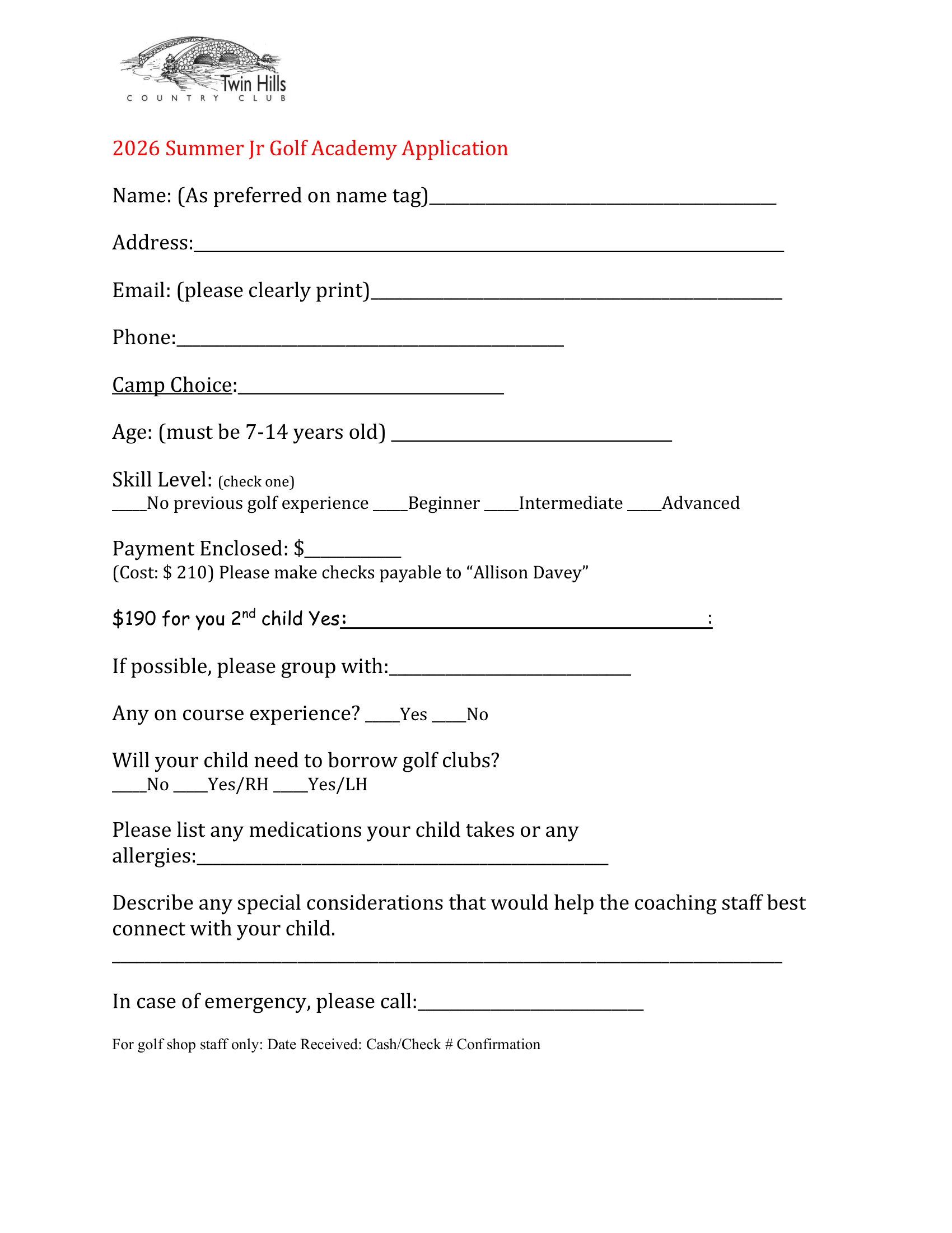 2026 junior golf Academy Application