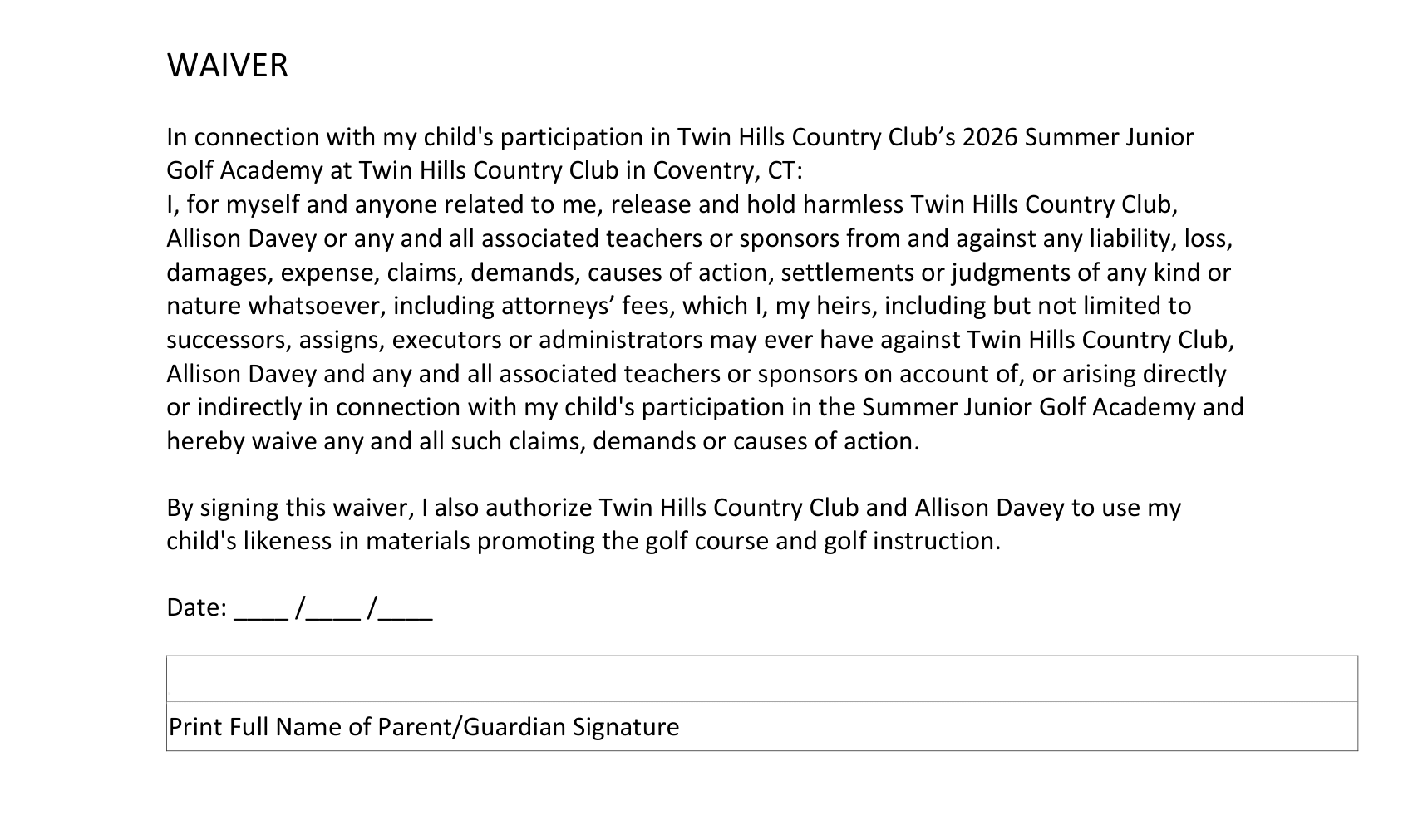 2026 junior golf Academy Application